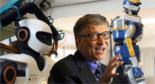 Bill Gates posing with two robots